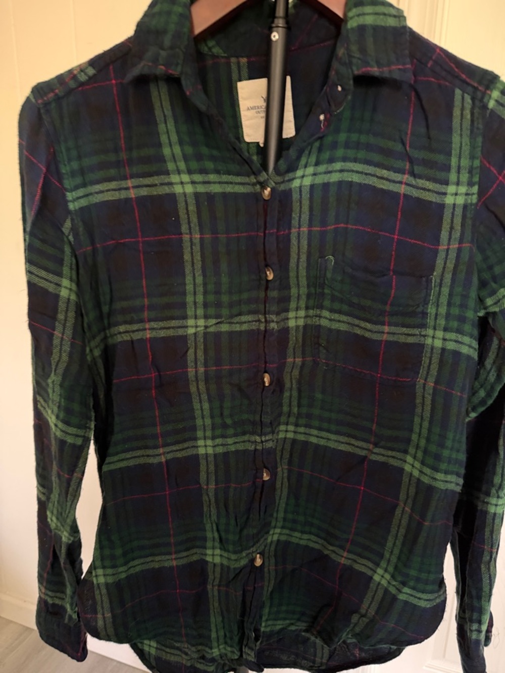 American Eagle Outfitters Green and Navy Plaid Button-Up Shirt